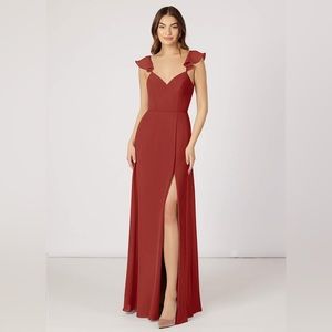 Azazie Everett Terracotta bridesmaid chiffon maxi dress in size A0 (size 0)